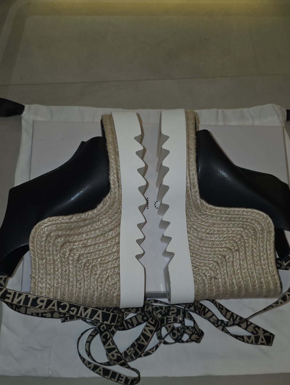 Stella McCartney Black Leather Espadrille Platform Sandals with Natural Rope